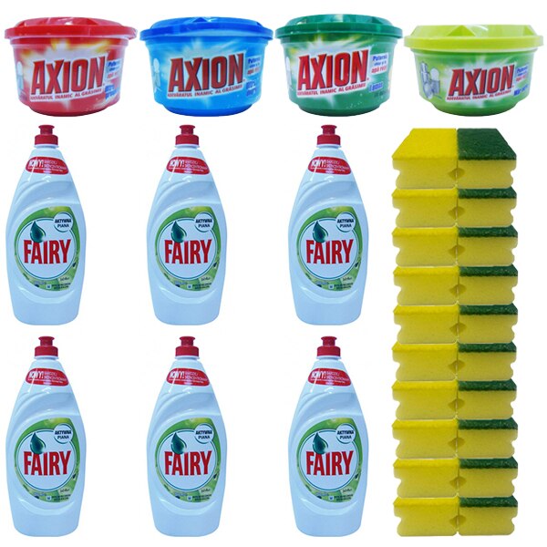Pachet - 6 x Detergent lichid, Fairy Sensitive, Pentru vase, Green Apple, 900ml + Axion ultra prospetime, 400g + Axion ultra degresant, 400g + Axion Lemon, 400g + Axion mar verde, 225g + 10 x Bureti de vase, 2/Set